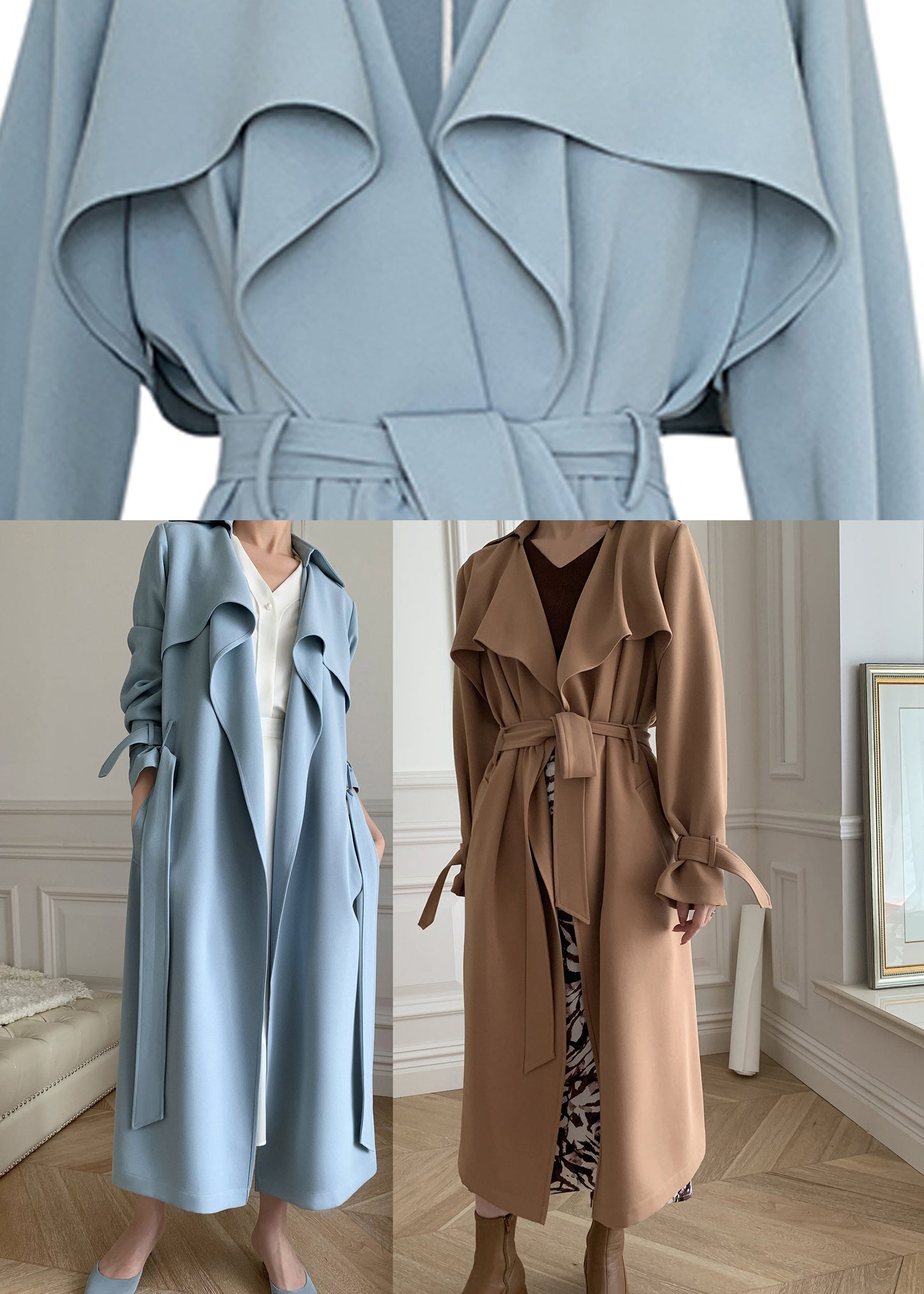 Kaki Peter Pan Collar Tie Trench Cods Coats à manches longues