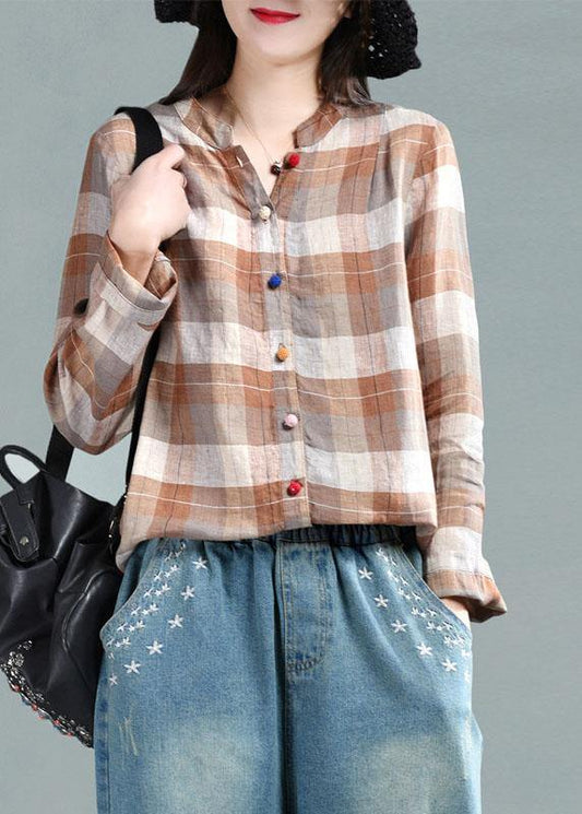 Khaki Plaid Patchwork Summer Linen Top Long Sleeve - SooLinen