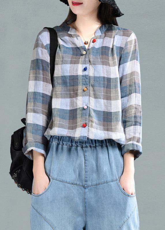 Khaki Plaid Patchwork Summer Linen Top Long Sleeve - SooLinen