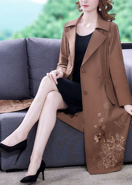 Khaki Solid Spandex Cinch Trench-Coat Collar Fall Notched Fall