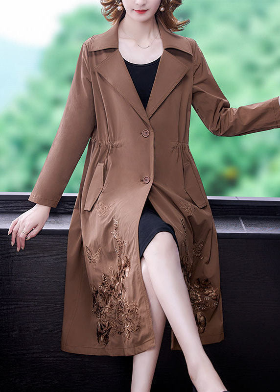 Khaki Solid Spandex Cinch Trench-Coat Collar Fall Notched Fall