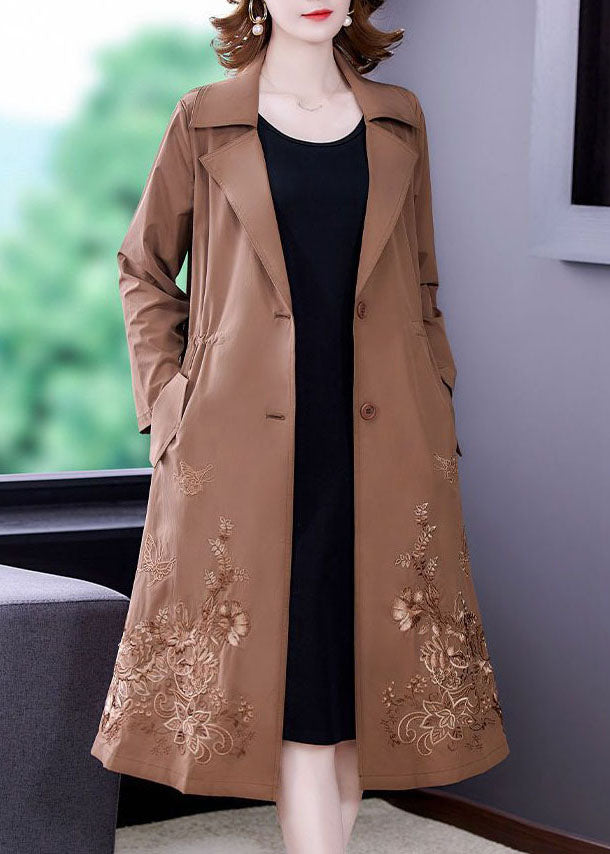 Khaki Solid Spandex Cinch Trench-Coat Collar Fall Notched Fall