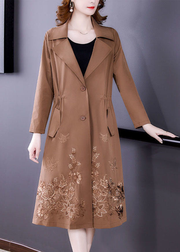 Khaki Solid Spandex Cinch Trench-Coat Collar Fall Notched Fall