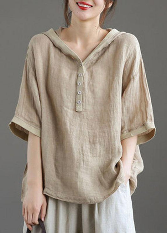 Khaki hooded Patchwork Summer Linen Blouses - SooLinen