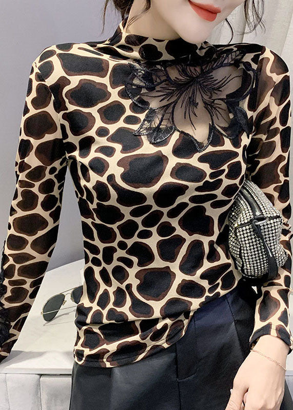 Leopard print Blouses Tops Hollow Out Spring