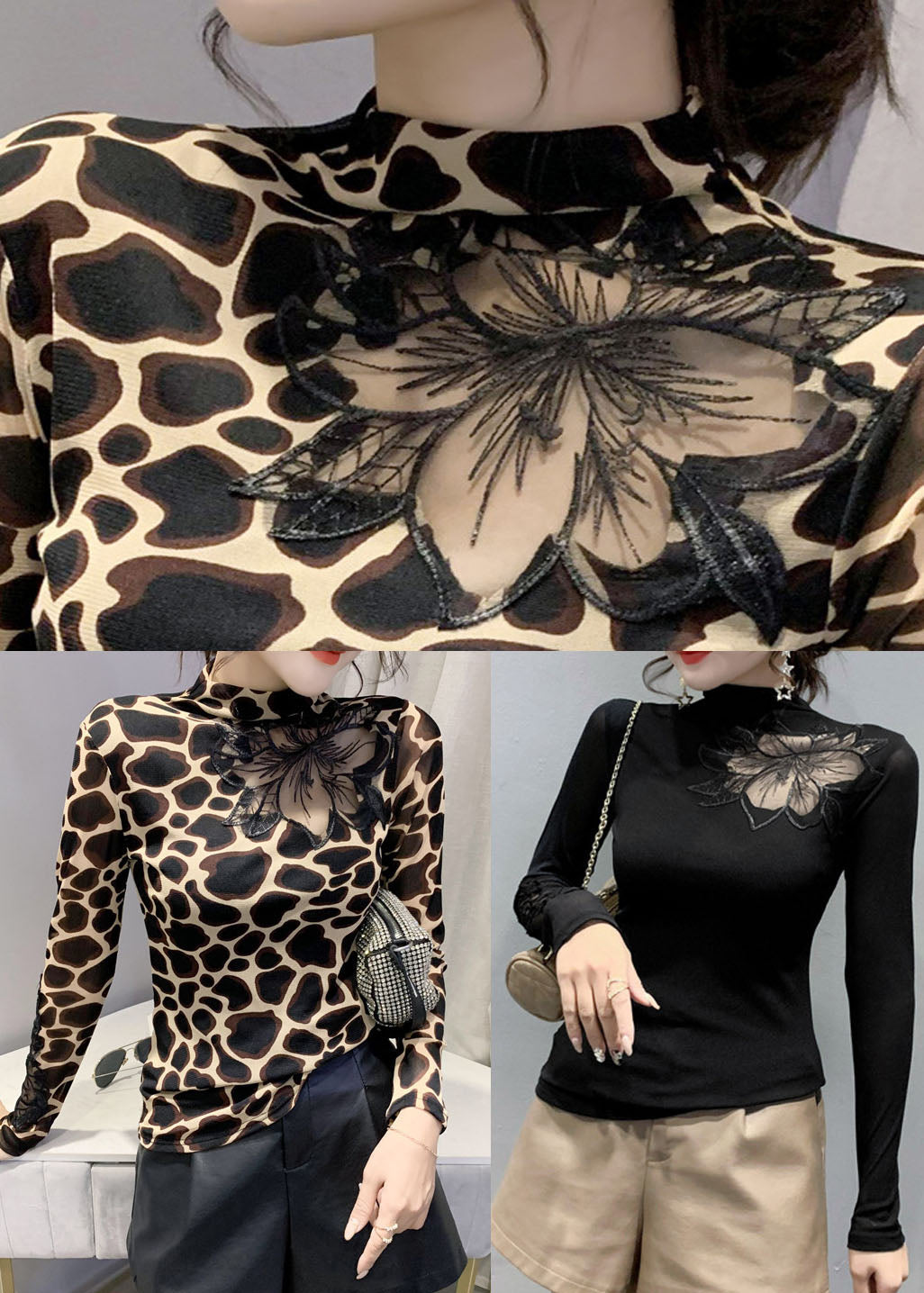 Leopard print Blouses Tops Hollow Out Spring