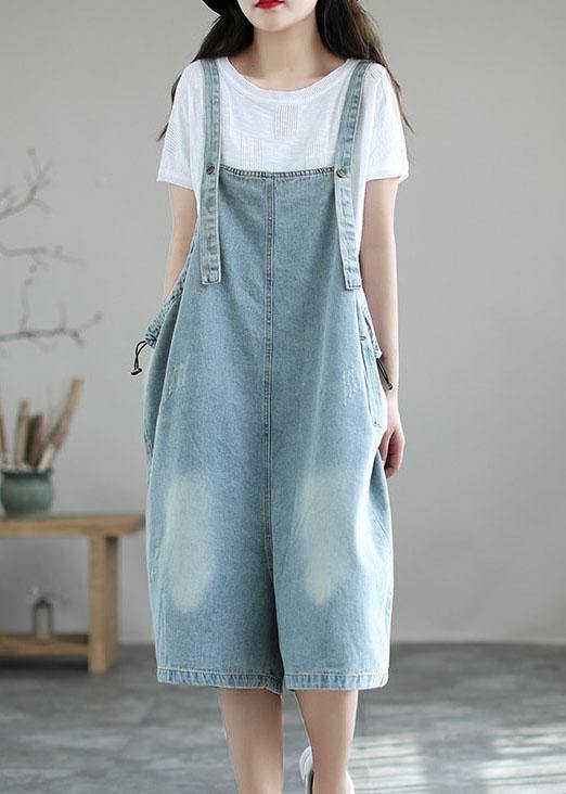 Light Blue Retro Loose Pockets Summer Denim Jumpsuit Shorts - SooLinen