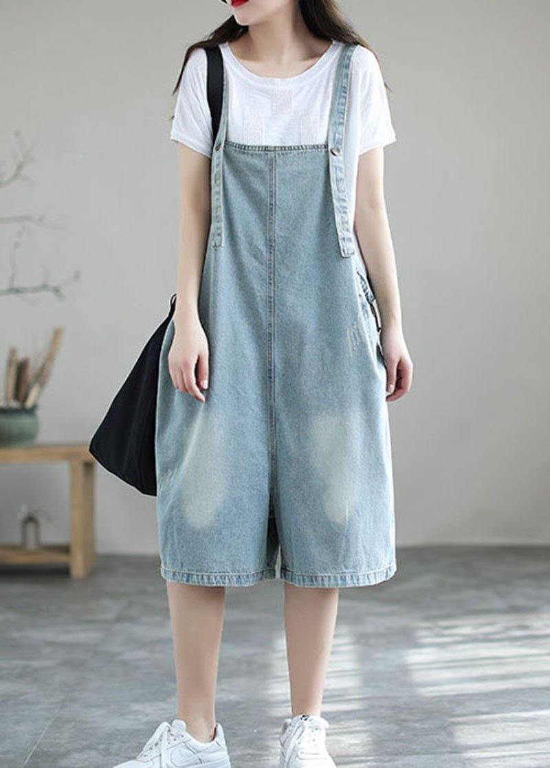 Light Blue Retro Loose Pockets Summer Denim Jumpsuit Shorts - SooLinen