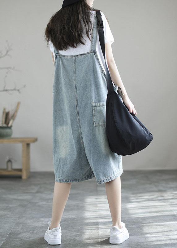 Light Blue Retro Loose Pockets Summer Denim Jumpsuit Shorts - SooLinen