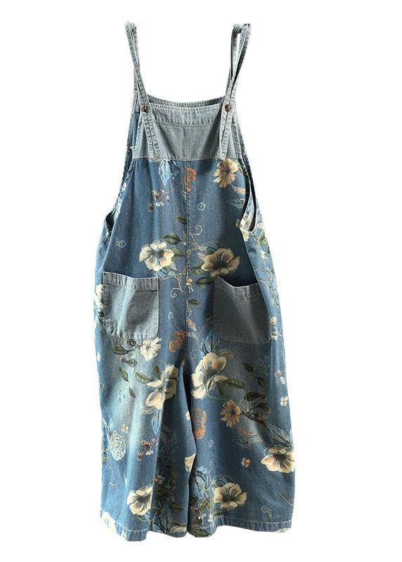 Light Blue Retro Loose Print Summer Pockets Denim Jumpsuit - SooLinen