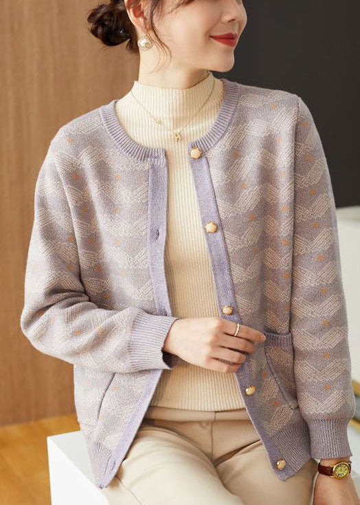 Bouton perlé de manteau lâche en laine à imprimé violet clair