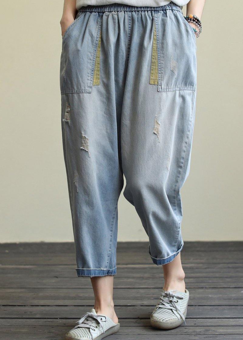 Literary loose loose white casual stitching hole denim cropped harem pants - SooLinen