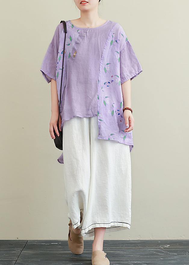 Literature and art ramie purple printed T-shirt female loose cotton and linen nine points wide leg pants two-piece suit - SooLinen