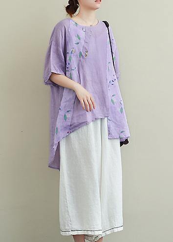 Literature and art ramie purple printed T-shirt female loose cotton and linen nine points wide leg pants two-piece suit - SooLinen