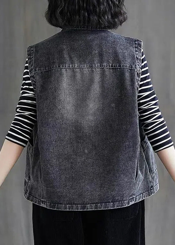 Couleur de gris noir lâche Patchwork Pockets Poches de jean sans manches