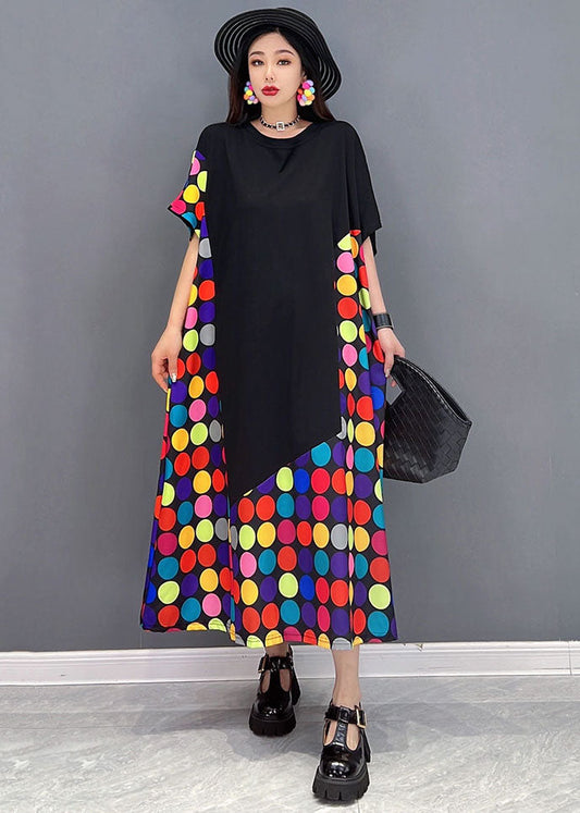 Patchwork Black O-Leck Patchwork Multi Dot Imprimer Coton Long Robe courte