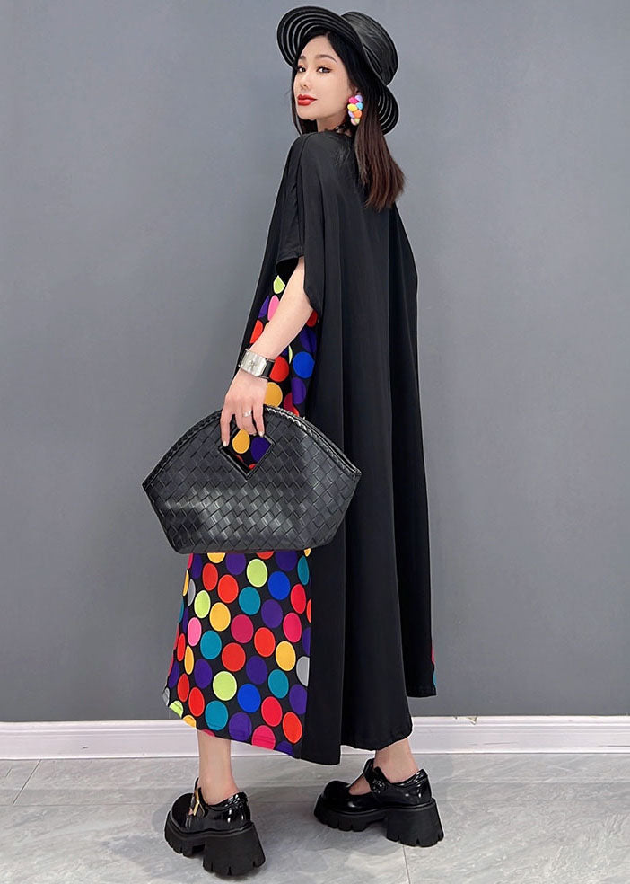 Patchwork Black O-Leck Patchwork Multi Dot Imprimer Coton Long Robe courte