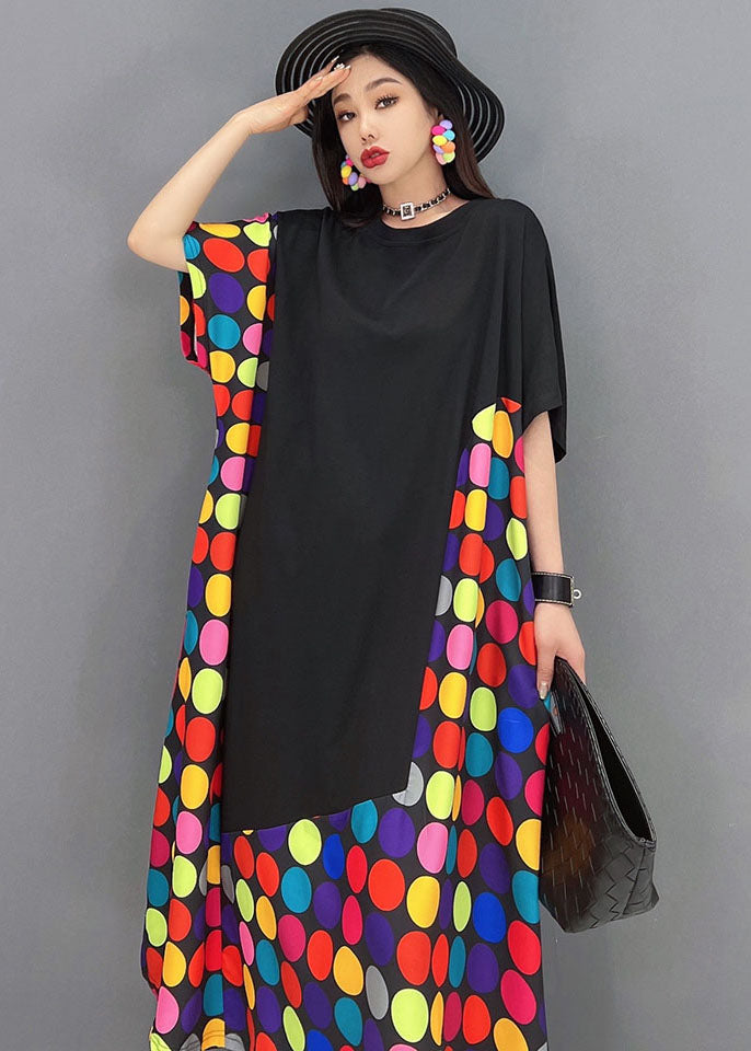 Patchwork Black O-Leck Patchwork Multi Dot Imprimer Coton Long Robe courte