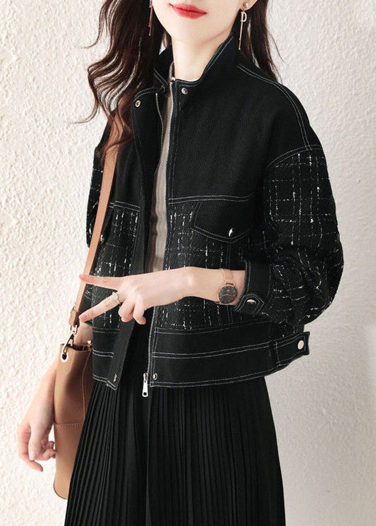 Black Black Plaid Zip Up Patchwork Denim Coat Fall