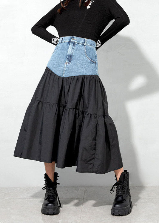 Loose Black denim Patchwork Casual Skirt Spring