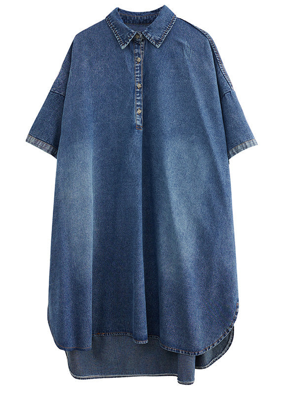 Loose Blue-sunflower Button Side Open Maxi Denim Dress Summer