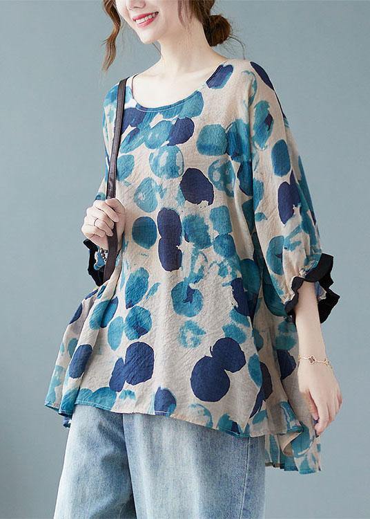 Loose Blue Dotted Batwing Sleeve Cotton Linen Tee - SooLinen