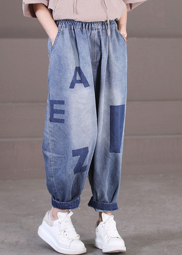 Loose Blue Elastic Waist Pockets Letter Print Cotton Denim Harem Pants Summer