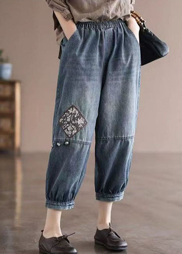 Poches de taille élastique bleu lâche Patchwork Applique Pantalon Colt Crop Crop Pantal