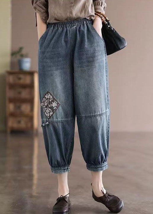 Poches de taille élastique bleu lâche Patchwork Applique Pantalon Colt Crop Crop Pantal