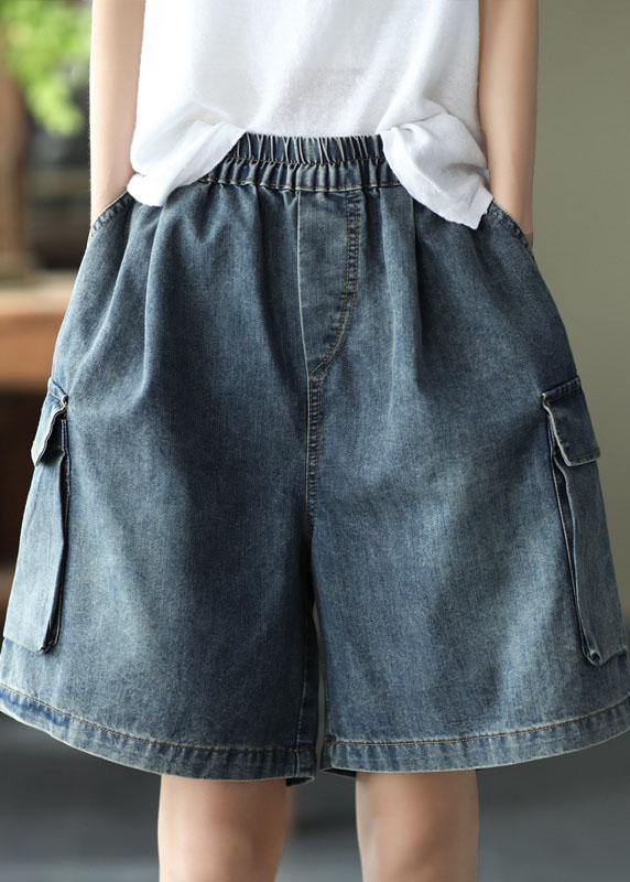 Loose Blue Elastic Waist Wide Leg Summer Denim hot Pants - SooLinen