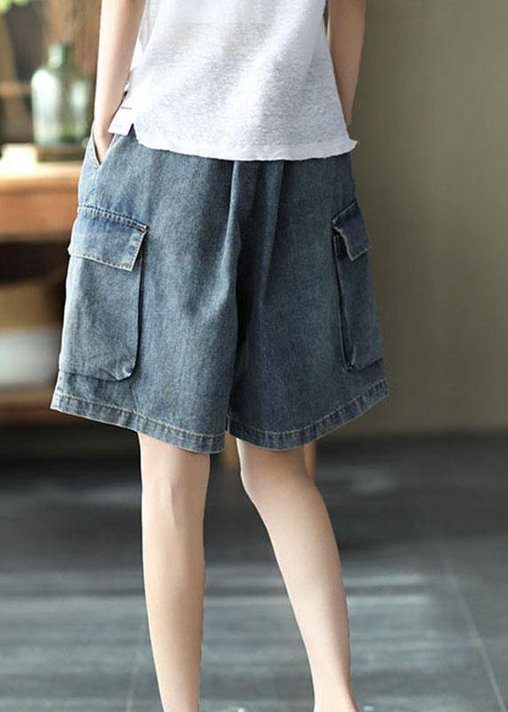 Loose Blue Elastic Waist Wide Leg Summer Denim hot Pants - SooLinen