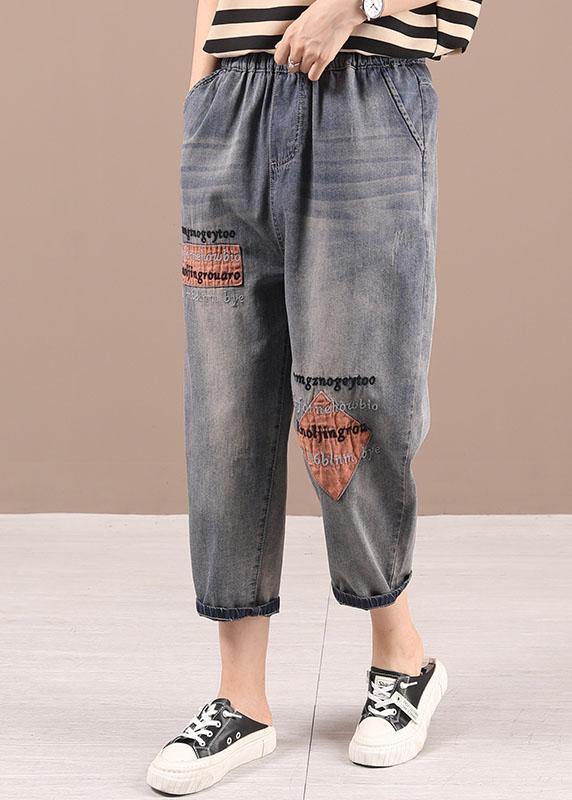 Loose Blue Grey Patchwork Embroideried Pants denim - SooLinen