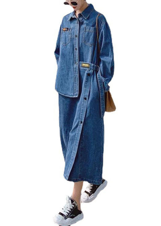 Loose Blue-blue dot Pockets Button asymmetrical design Fall Denim Long sleeve Long Dress