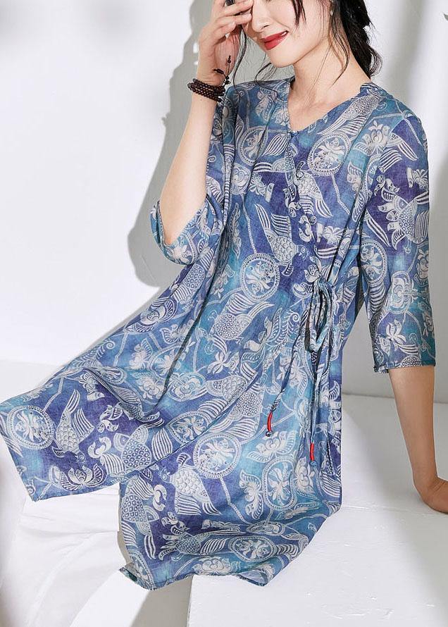 Loose Blue Tie Waist Print Summer Ramie Top - SooLinen