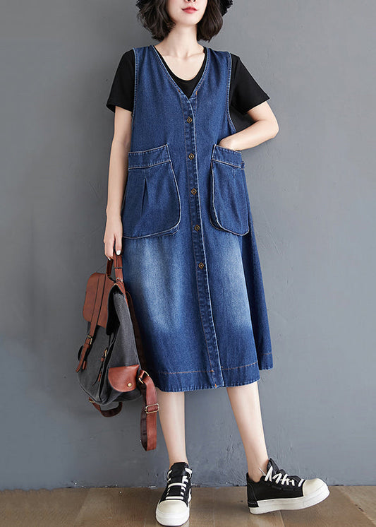 Poches de cou bleu en V Blue Patchwork Robe de gain de gilet en jean sans manches