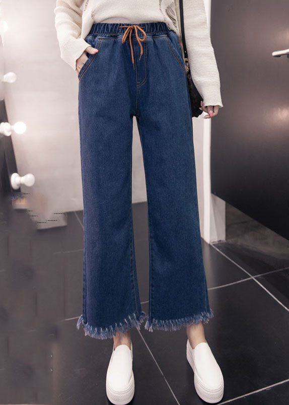 Loose Denim Blue Elastic Waist Drawstring Tassel Pockets Cotton Wide Leg Pants Summer