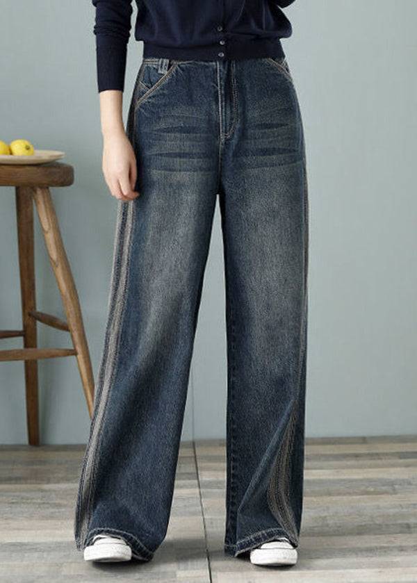 Pouilles hautes bleues en denim en vrac pantalon de la jambe large en coton pour femmes printemps