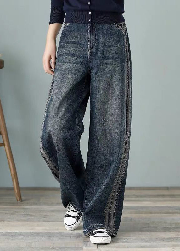 Pouilles hautes bleues en denim en vrac pantalon de la jambe large en coton pour femmes printemps