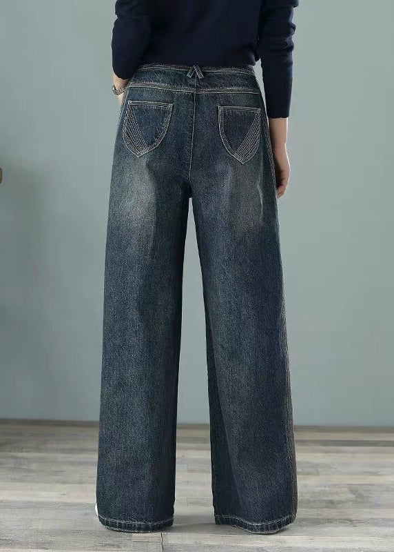 Pouilles hautes bleues en denim en vrac pantalon de la jambe large en coton pour femmes printemps