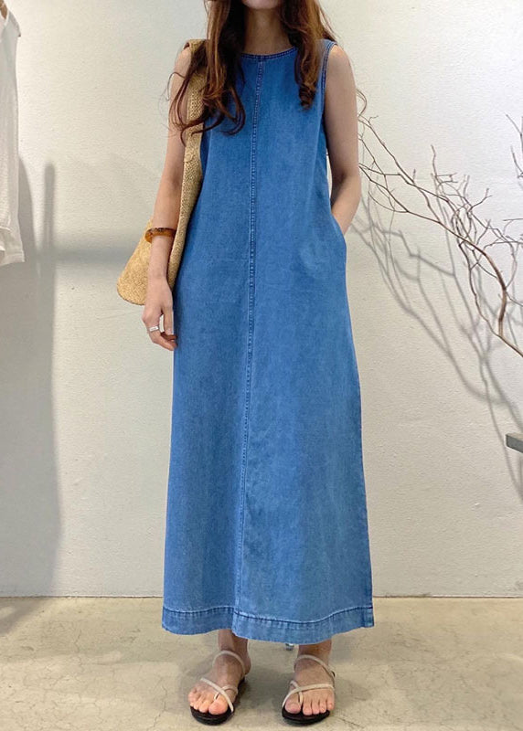 Denim Blue O-Leck Patchwork Cozy Holiday Long Robe Summer