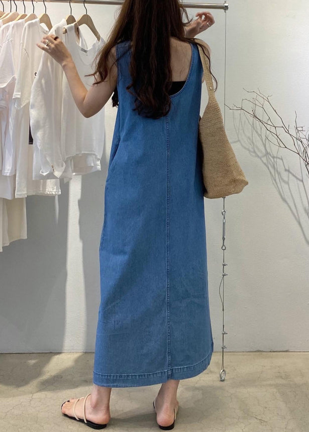 Denim Blue O-Leck Patchwork Cozy Holiday Long Robe Summer