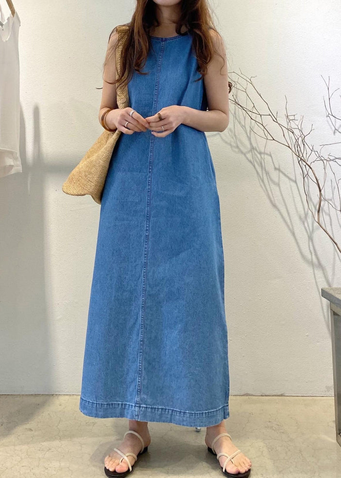 Denim Blue O-Leck Patchwork Cozy Holiday Long Robe Summer