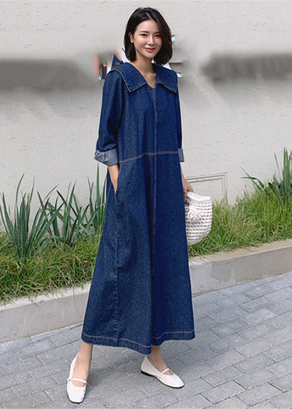 Denim Blue Blue Peter Pan Collar Patchwork Pockets Robe Long Manneve