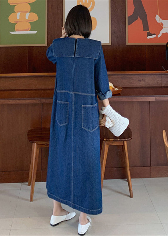 Denim Blue-labbit Peter Pan Collar Patchwork Pockets Robe Long Manchet