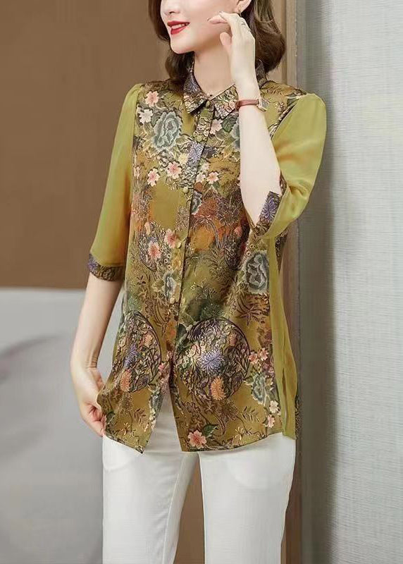 Loose Green Peter Pan Collar Print Silk Blouses Half Sleeve