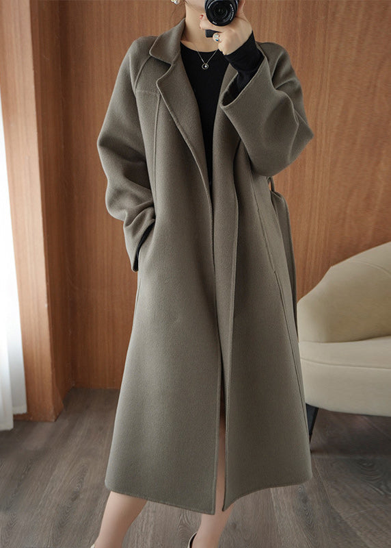 Loose Grey Chocolate Colour Notched Tie Waist Woolen Long Coats Fall