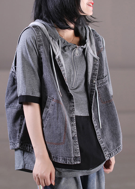 Patchward gris lâche Patchwork DrawString Button Honed Denim Waistcoat sans manches