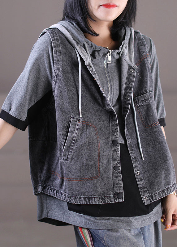 Patchward gris lâche Patchwork DrawString Button Honed Denim Waistcoat sans manches