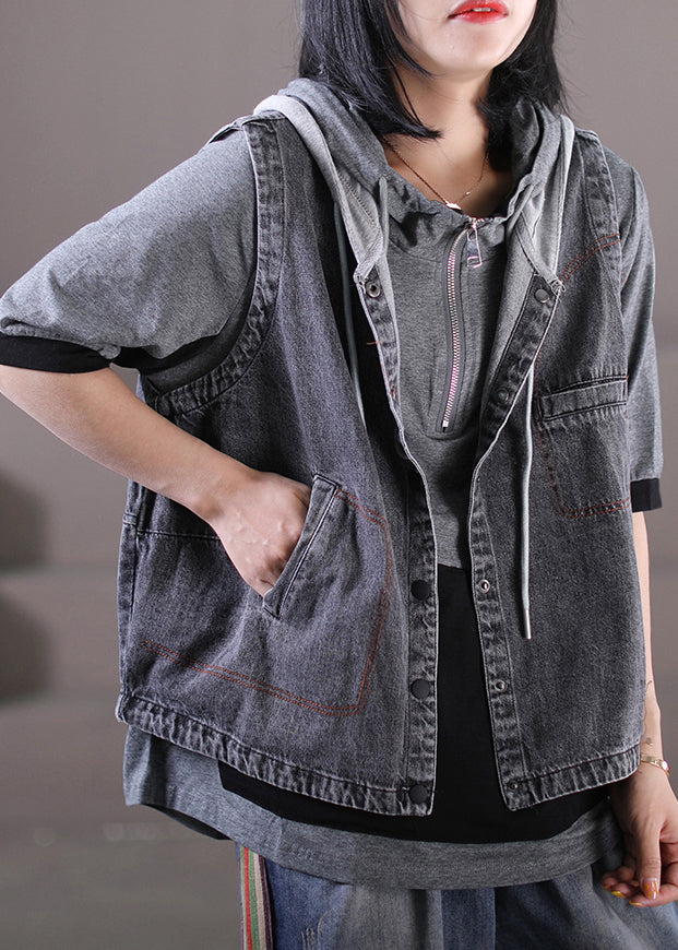 Patchward gris lâche Patchwork DrawString Button Honed Denim Waistcoat sans manches