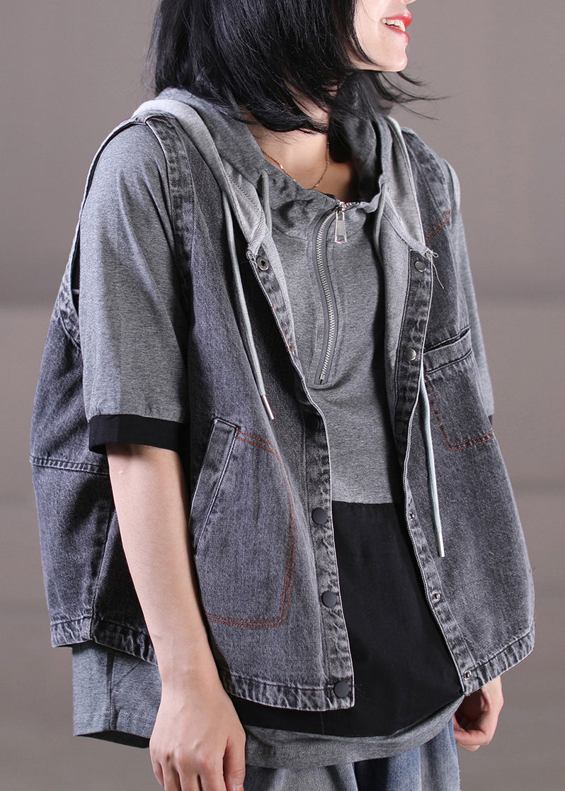 Patchward gris lâche Patchwork DrawString Button Honed Denim Waistcoat sans manches